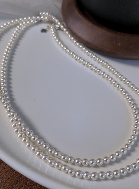 暖白色正圆施家珍珠项链女轻奢法式复古单戴叠戴锁骨链40+5长