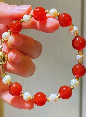 10mm7A高品冰透起光天然红玉髓玛瑙淡水珍珠项链手链套装