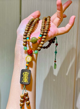 复古沉香木多圈设计感毛衣链项链