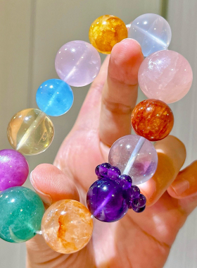 13-20mm天然柠檬黄粉晶胶花奶白晶海蓝宝紫锂辉多宝手链