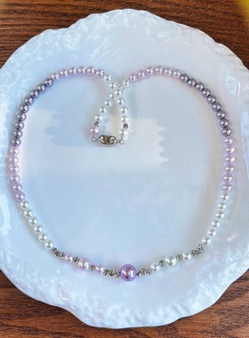 秋冬国风复古渐变紫色人造水晶珍珠锁骨链项链毛衣链