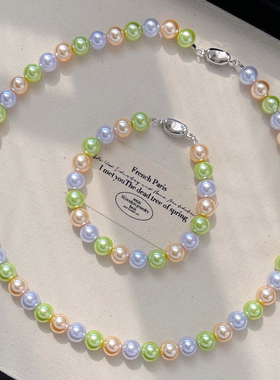 8mm正圆强光仿海水大溪地美拉德风咖啡金绿色混彩糖果色珍珠项链