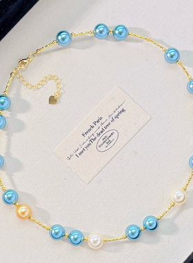 法式高光蓝色妖姬人造水晶大溪地珍珠项链锁骨链