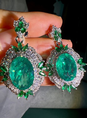 气质名媛奢华人造祖母绿耳环戒指吊坠简约套装满钻饰品女