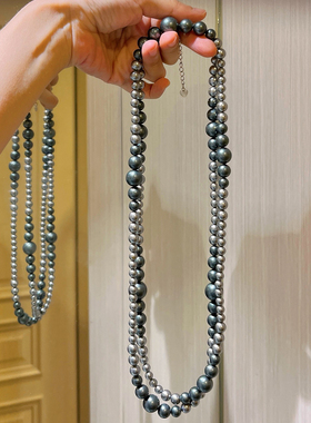 长款灰黑色贝珠渐变大小毛衣链