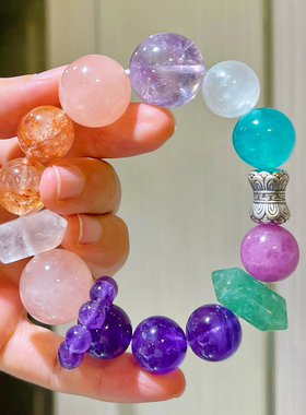 925银14-18mm天然柠檬黄粉晶胶花紫水晶紫锂辉月光石多宝手链手串