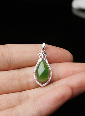925银镶天然和田玉吊坠带证书 银饰品厂家直销时尚大方碧玉挂件女