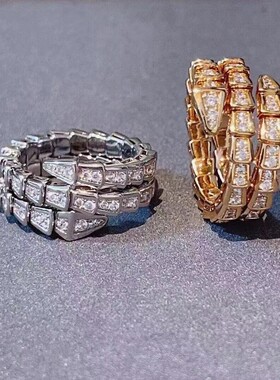 高版本CNC925银厚度18K金镶钻蛇形戒指活口满钻玛瑙贝母灵蛇指环