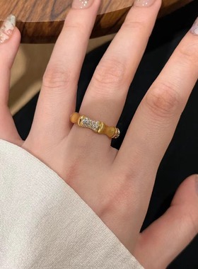 意大利中古拉丝轻奢高级感珠宝925纯银拉丝锻面高碳钻竹节戒指