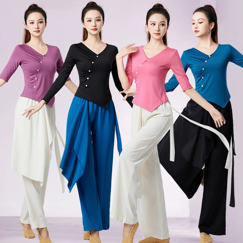 形体舞蹈练功服女成人上衣中袖修身显瘦v领现代中国古典舞训练服 - 图0