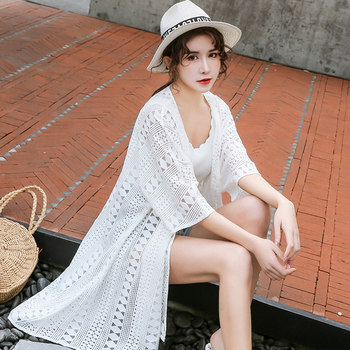 2024 Summer ໃຫມ່ Lace Cardigan Shawl ຂະຫນາດໃຫຍ່ຫາດຊາຍ Jacket ແມ່ຍິງຂະຫນາດກາງຍາວບາງຫາດຊາຍ Outerwear ເຄື່ອງນຸ່ງປ້ອງກັນແດດ