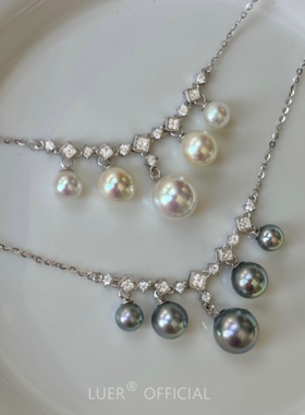 通体纯银不褪色 正圆极光人造akoya天女级珍珠项链镶钻流苏锁骨链