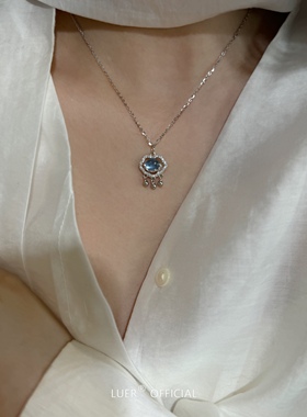 新中式天然海蓝宝如意锁纯银项链