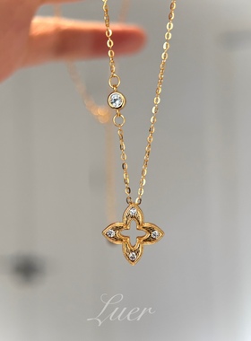 通体纯银镀厚金!法式轻奢!拉丝镶钻镂空四叶草精工质感锁骨链项链