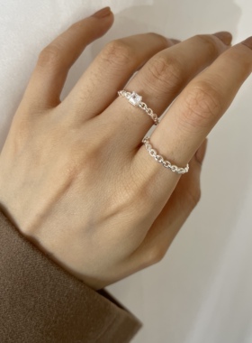 自留！白银色 绝美！原创链条戒指镶钻闭口 通体S925银不褪色