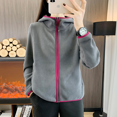 秋冬连帽抓绒衣女士加厚防风保暖摇粒绒外套徒步运动休闲开衫卫衣 - 图1