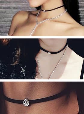 微镶白色水滴黑色PU皮颈链短项链