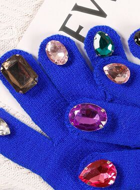Female Gloves Full Finger Mittens Rhinestone Inlaid For Wint