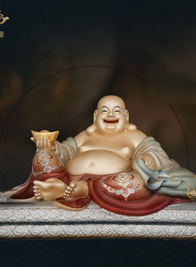 黄铜拿元宝笑佛弥勒摆件寺庙家用供奉招财创意工艺品装饰京铜摆件