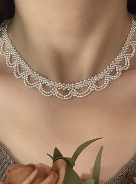 飞鸟屿城 重工纯手作编织 礼服款高亮正品施家珍珠项链锁骨链新娘
