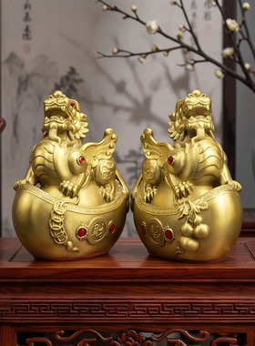 黄铜财福貔貅摆件一对招财旺宅
