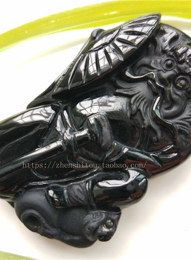 天然黑曜石扇子钟馗手持宝剑吊坠