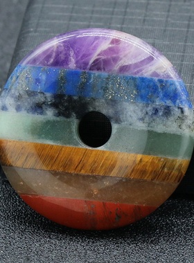 【茜茜珠饰】七彩石平安扣吊坠水晶石头拼接大孔圈圈查克拉 四款