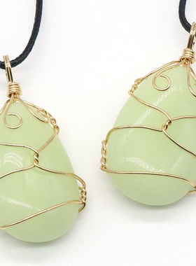 【茜茜珠饰】天然水晶玛瑙半宝石水滴绕丝吊坠东陵玉项链 11色