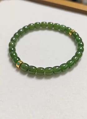 天然和田玉碧玉直切6mm手串设计款手串微黑菠菜绿玉石金色隔珠