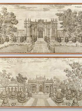 郎世宁圆明园清代宫廷建筑装饰画客厅新中式走廊过道挂画横版壁画