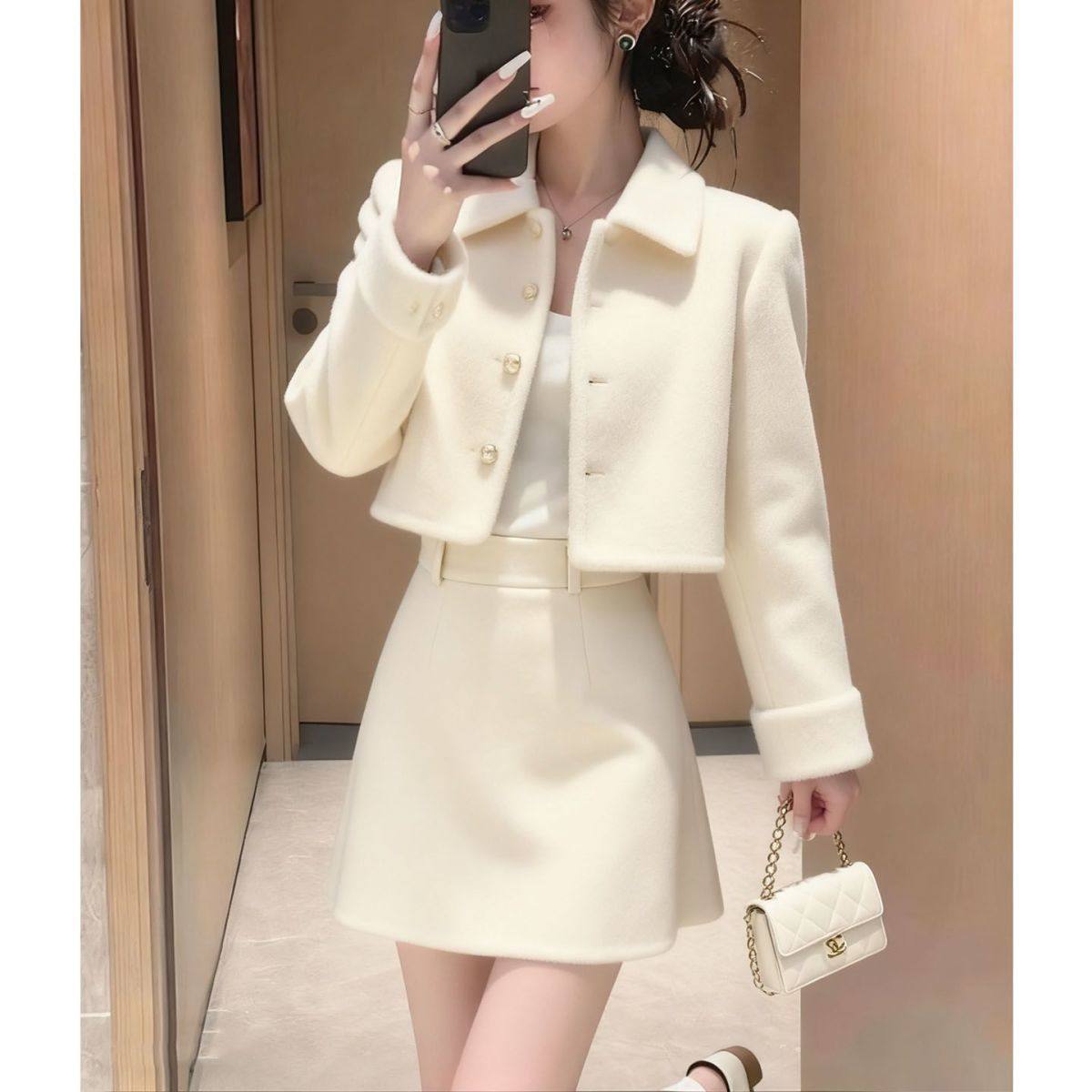 爆款新款白色翻领外套半裙套装女秋冬高级感气质名媛千金风两件套,淘宝优惠券,粉丝福利购,淘宝优惠卷