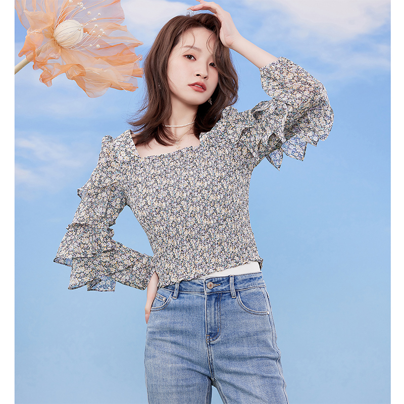 佳人苑2023年春季新款方领雪纺衫 佳人苑蕾丝衫/雪纺衫