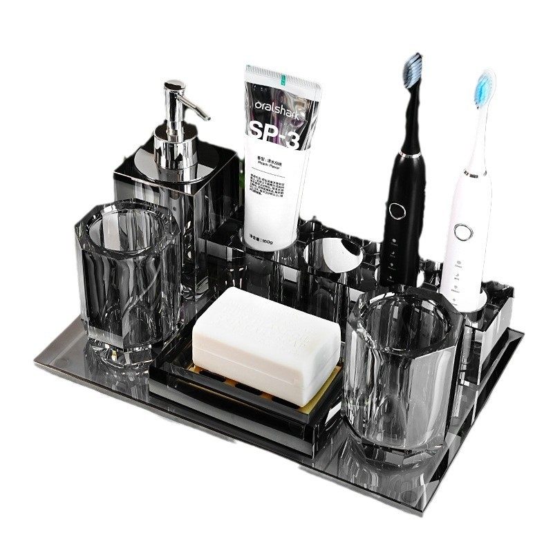 酒店卫生间装饰品摆件高级感灰色水晶卫浴洗漱套装水晶长方形托盘,淘宝优惠券,粉丝福利购,淘宝优惠卷