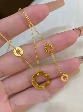 几何圆饼项链仿真黄金色沙金金店同款环环相扣双环高级感锁骨链女