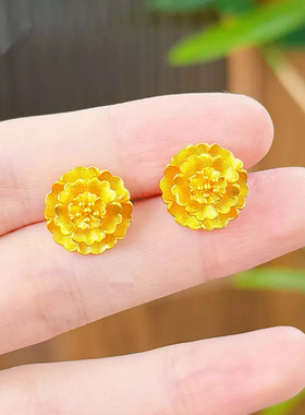 牡丹花沙金耳钉仿真黄金婚嫁结婚花朵耳饰新中式国风流苏备婚耳坠