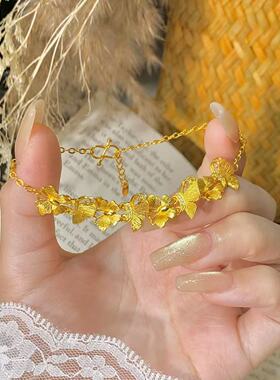 蝴蝶手链仿真黄金沙金拉丝纹镶钻鎏金轻奢高级感手饰新中式送女友