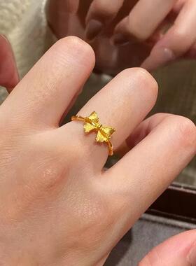 蝴蝶结沙金戒指仿真黄金色碎冰冰指环开口轻奢高级感婚嫁首饰结婚