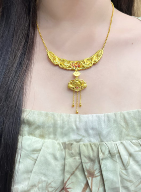 黄金色凤凰祥云项链新中式拍照摆台莲花套链婚嫁结婚订婚仿真三金