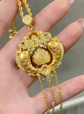 如意得水沙金吊坠黄金色流苏项链