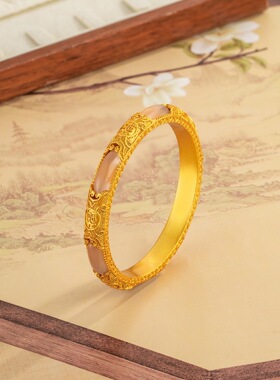 福字花丝沙金手镯仿真黄金开口仿玉结婚首饰手饰手环传承镯子金色