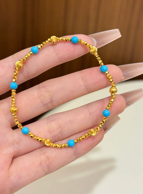 拉丝猫眼刻面沙金手链绿松石转运珠仿真黄金手串金店同款送女友