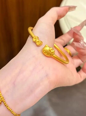 Kity猫沙金手镯仿真黄金KT猫女款猫咪蝴蝶结活口甜美手环送女友