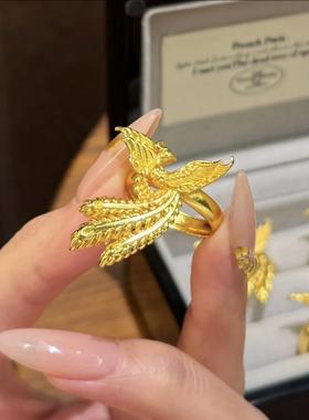 黄金色凤凰戒指女孔雀可调节指环