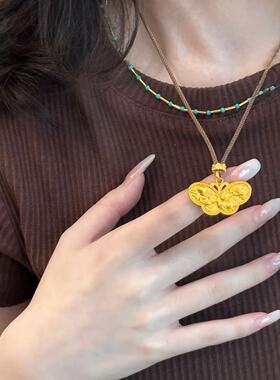 錾刻蝴蝶吊坠仿真黄金庄周梦蝶项链手工镀金毛衣链送女友轻奢高级