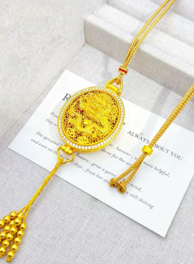 凤凰沙金吊坠龙凤香囊黄金色项链挂件流苏女士情侣平安锁毛衣链