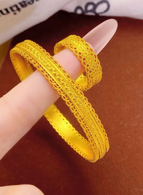 腰缠万贯沙金手镯仿真黄金编织纹理女宽面镯子百搭古法轻奢戒指