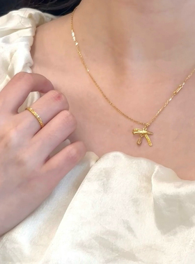 丝带蝴蝶结黄金色项链周家仿真沙金假黄金久不掉色高级锁骨链女