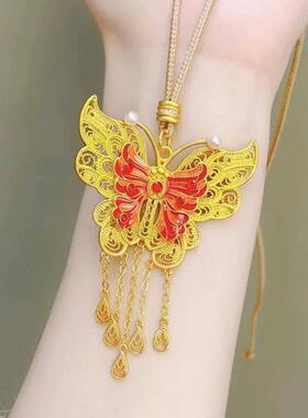 立体翎蝶流苏吊坠花丝项链