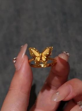 双层蝴蝶戒指花蝶梦沙金指环小众