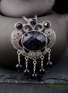 银红色石榴石长命锁流苏链大吊坠